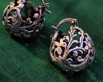 Sterling Silver Floral Jaali Hoop Earrings: Oxidized Bali Silver