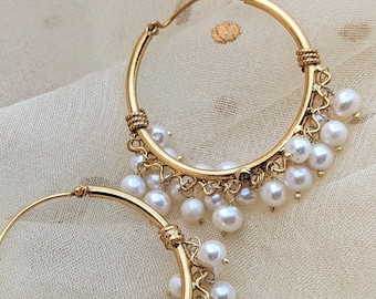 Gold Plated Sterling Silver Hoop Earrings: Handmade Pearl Fringe, Punjabi Jewelry