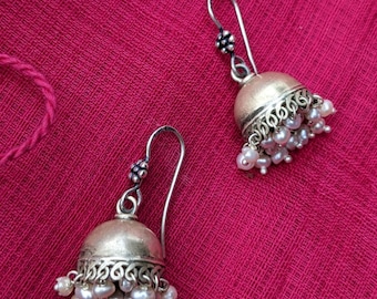 Sterling Silver Jhumka Earrings: Handmade Indian Jewelry with Pearls
