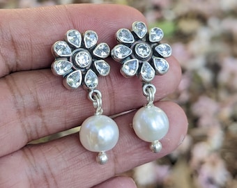 Sterling Silver Pearl Drop Earrings: Zircon Accent, Indian Jewelry