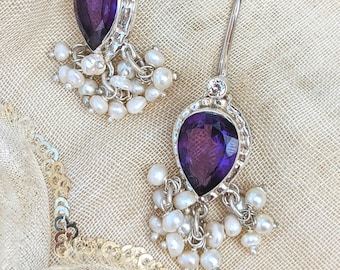 Amethyst & Pearl Sterling Silver Hook Earrings: Indian Jewelry