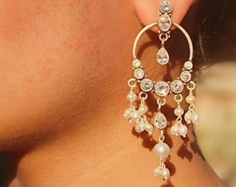 Sterling Silver Chandbali Earrings: Indian Pearl Drop CZ, Wedding Jewelry