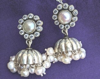 925 Sterling Silver Pearl Jhumka Earrings: Handcrafted Indian Jewelry