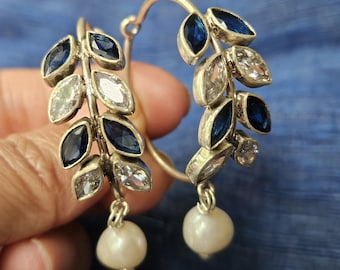 Sterling Silver Hoop Earrings: Pearl, CZ Leaf Vine, Handmade