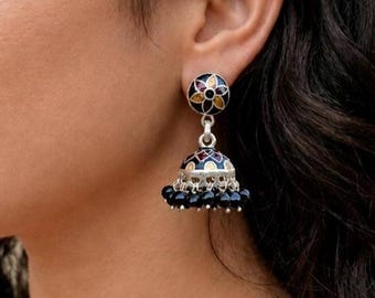 Silver Jhumka Earrings, 925 Sterling Silver small Jhumka with Enamel work