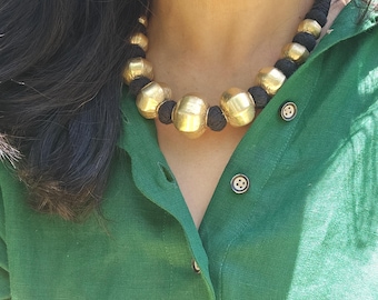 Gold Plated Silver Dholki Bead Necklace: Chunky Boho Choker