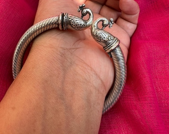 925 Silver Peacock Kada | Open-Ended Adjustable Oxidised Bangle | Everyday Women’s Silver Jewelry