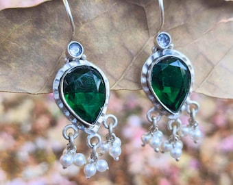 Handcrafted Sterling Silver Green Onyx & Pearl Hook Earrings