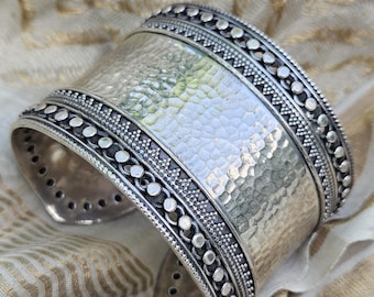 Sterling Silver Wide Cuff Bracelet: Hammered Granulation Tribal Design