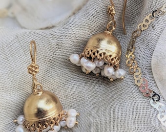 Gold Plated Sterling Silver Jhumka Earrings: Indian Pearl Jumki