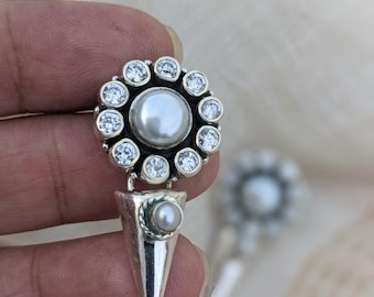 Pearl & Zirconia Sterling Silver Earrings: Indian Jaipur Jewelry