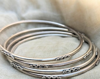 Handcrafted Sterling Silver Stacking Bangles - Indian Design (Set of 2)