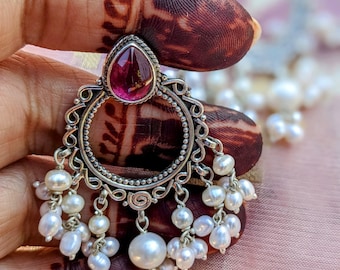 Sterling Silver Pearl Chandbali Earrings: Red Gemstone Indian Jewelry