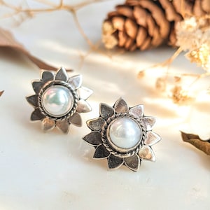 Pearl Silver Stud Earrings | 925 Sterling Silver | Classic Minimalist Pearl Earrings | Elegant Gift for Women | Indian Silver earring