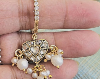 Gold Plated Sterling Silver Kundan Chandbali Earrings with Pearls