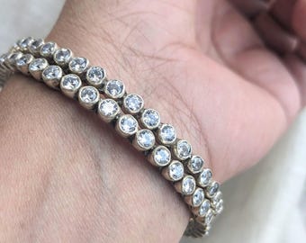Sterling Silver Bangle Bracelet: Handcrafted CZ Diamond Kada