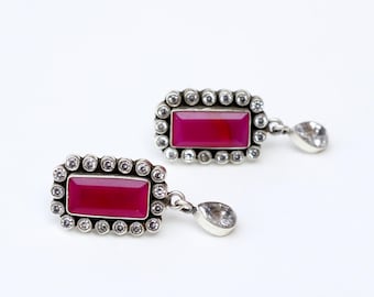 Red Onyx Sterling Silver Drop Earrings: Cubic Zirconia, Indian Jewelry