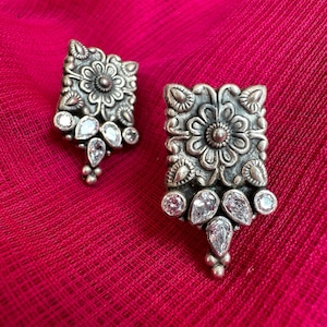 Oxidized Sterling Silver Indian Earrings: Floral Boho Jewelry