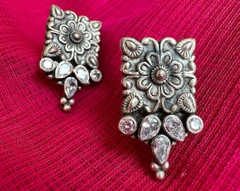 Oxidized Sterling Silver Indian Earrings: Floral Boho Jewelry