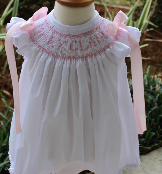 Smocked Name Bubble custom Smock hand Smocked Bishop Dress