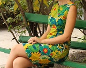 70's Floral Dress - Mini Dress - Soviet Vintage - Boho - Hippie - Shabby Chic -  Mod  - Emerald - Yrllow - Blue - Small - Size 6
