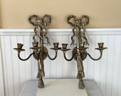 Vintage Pair of Large Brass Three Arm Wall Sconces, Ribbon Bow Tassel Design, Victorian, Hollywood Regency, French Country