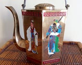 Vintage Asian Hexagon Brass Enamel Teapot, Engraved Design, Geisha, Chinese Warrior, Chinoiseri, Mid Century, Collectible