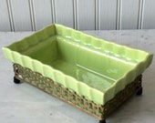 Vintage Ceramic Planter with Gold Metal Basket, Footed Planter, Tropical Green, Mid Century Planter, Cottage Decor