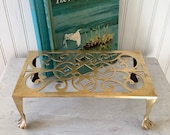 Vintage Ornate Brass Kettle Stand, Brass Plant Stand, Lions Feet, Rectangle Stand, French Country, Farmhouse, Victorian, Hollywood Regency