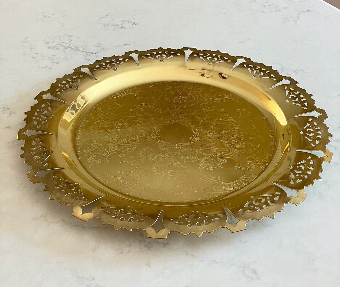 Vintage 16 Large Gold Tray Etched Gold Metal Tray Ornate Etsy