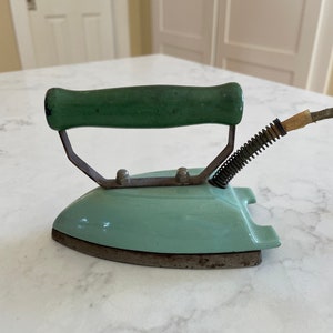 Antique Child’s Electric Iron, Aqua/Green Metal Iron with Wood Handle, Child Play Item