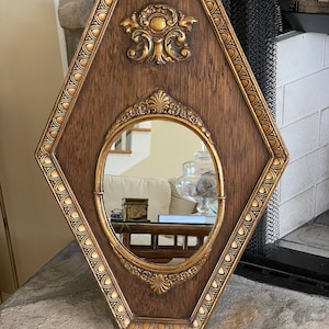 Vintage 24” Hexagon Mirror, Hexagon/Trapezoid/Oval Mirror, Mid Century Mirror, Wooden Ornate Mirror, Entryway Decor