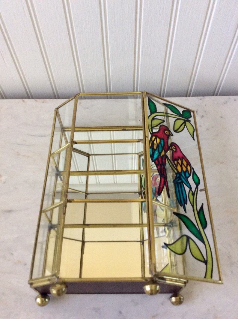Miniature Storage Vintage Glass /& Brass Curio Keepsake Box Beach Tropical Parrots Jewelry Box Footed Jewelry Box Stained Glass