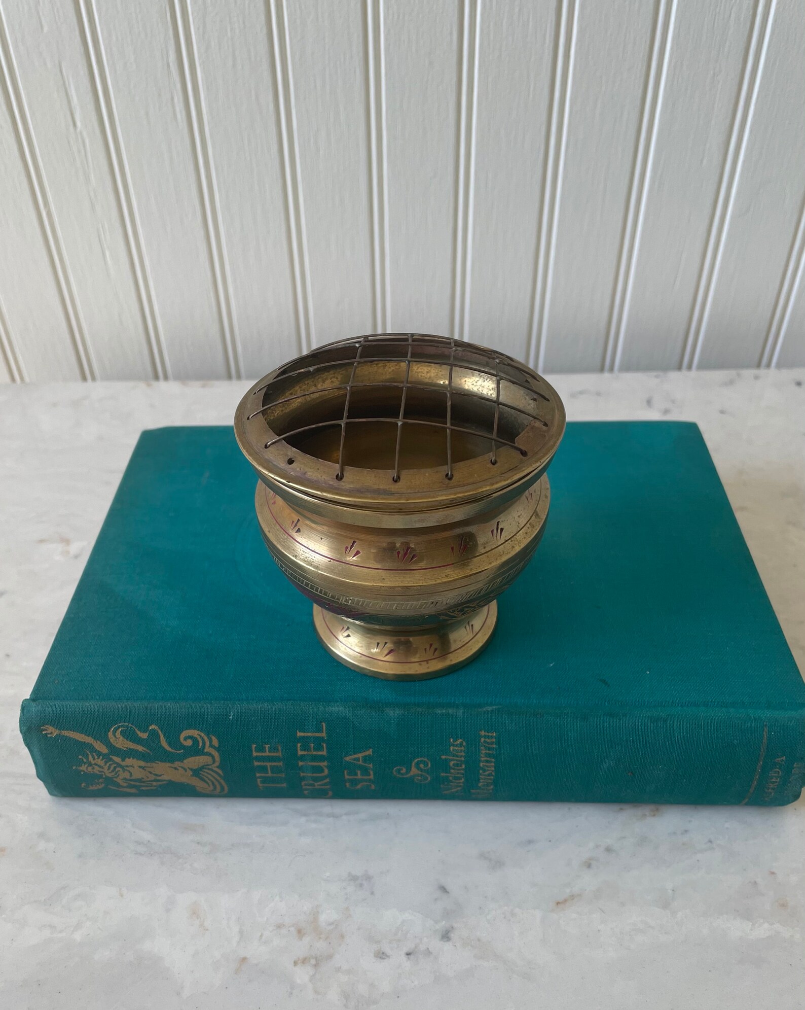 Vintage Brass Vase With Flower Frog Etched Brass Small Urn Etsy