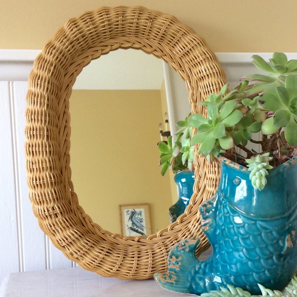 Vintage 16" Natural Wicker Oval Mirror, Coastal, Tropical, Beach, Cottage, Bohemian, Bathroom, Bedroom Decor