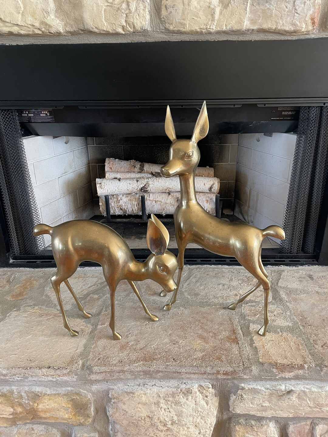 Vintage Set of Two Large Brass Deer Statues, 22 Deer, Made in Korea