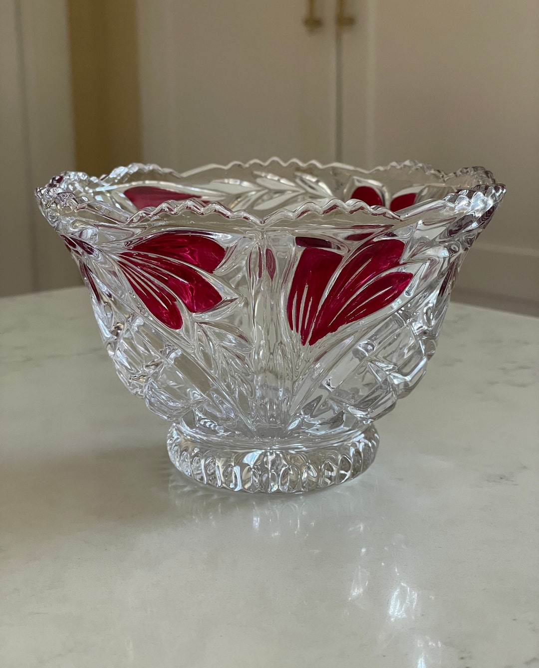 Vintage Crystal Candy Dish, Red/clear Cut Glass Bowl/dish, Ornate Candy ...