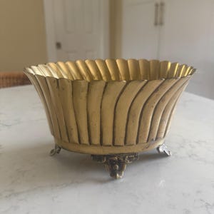 Vintage Brass Footed Cache Pot, Jardiniere, Fluted Oval Ornate Planter