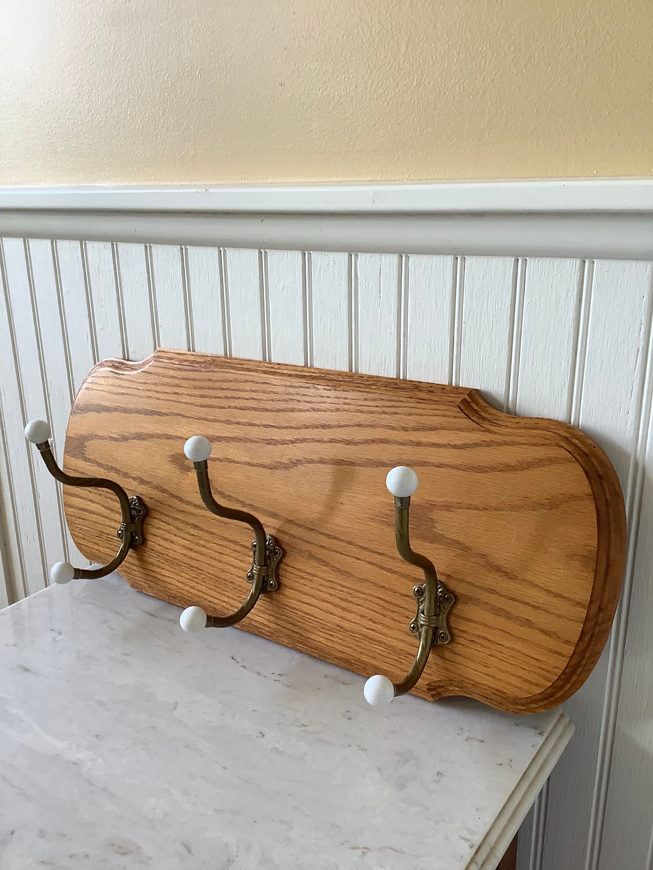 Vintage 20 Lrg. Coat Rack With 3 Brass & Porcelain Hooks Etsy