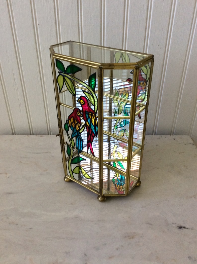 Miniature Storage Vintage Glass /& Brass Curio Keepsake Box Beach Tropical Parrots Jewelry Box Footed Jewelry Box Stained Glass