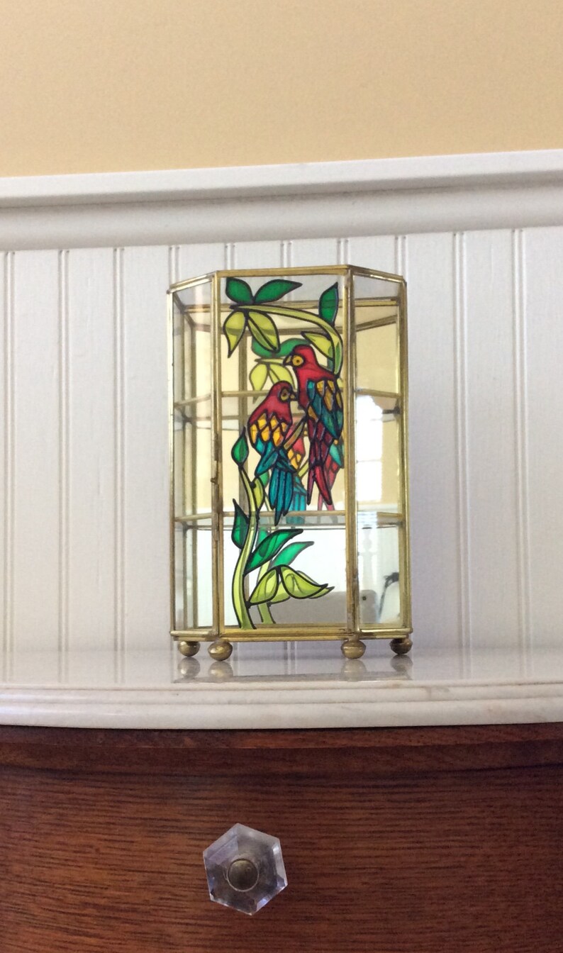 Miniature Storage Vintage Glass /& Brass Curio Keepsake Box Beach Tropical Parrots Jewelry Box Footed Jewelry Box Stained Glass