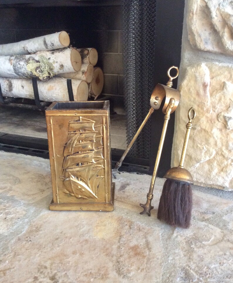 Vintage Fireplace Tool Set Brass Ship Fireplace Tools Ash Etsy