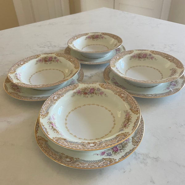 Vintage NORITAKE CHINA Berry Bowls & Plates, Set of 4 Fruit/Sauce Bowls with Saucer, Occupied Japan