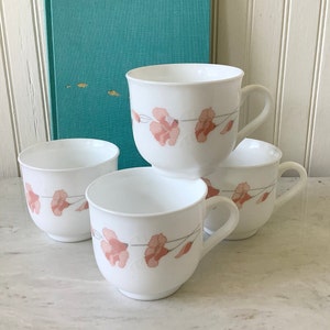 Vintage Set of 4, Arcopal France Teacups, Milk Glass Teacups, Arcopal Coffee Cups, Pink Flower Teacups, Milk Glass