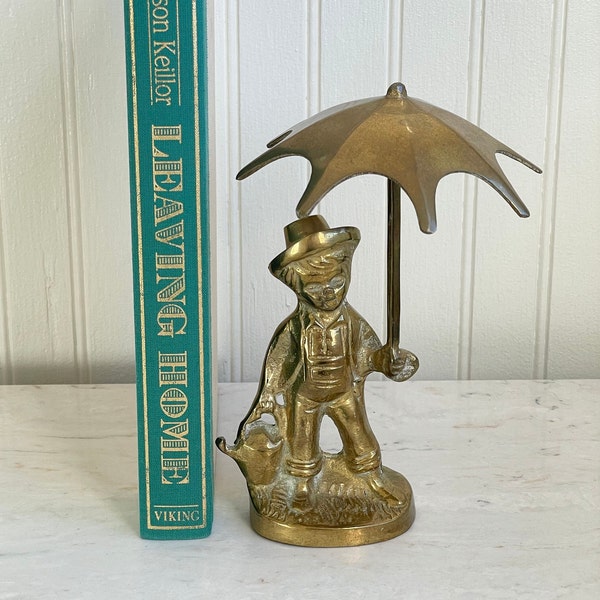 Vintage Brass Boy Holding Umbrella, Brass Boy Statue, Brass Umbrella, Brass Figurine