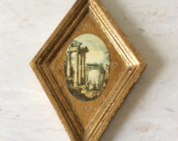 Vintage Gold Gilt Florentine Wood Plaque, Diamond Shaped, Italian Scene ...