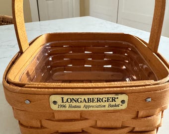 Vintage 1996 Longaberger Basket, Hostess Appreciation Basket with Plastic Liner, Small Square Basket/with Handle