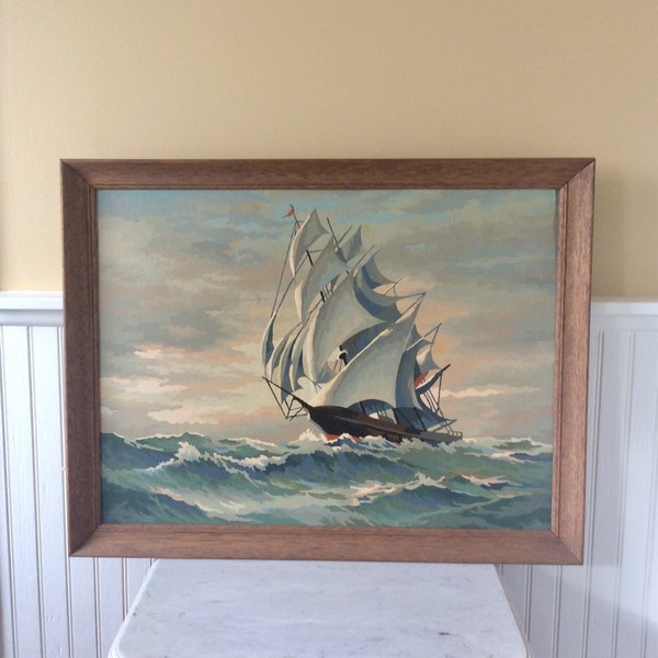 Vintage Large 26” Framed, 1960’s Paint By Number, Clipper Ship Painting, Ocean/Ship Painting, Nautical, Beach, Coastal