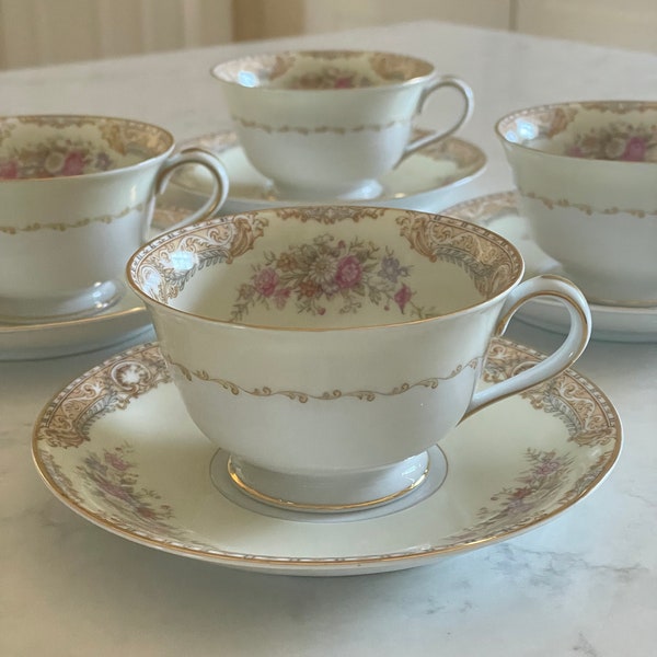 Vintage NORITAKE China Cups & Saucers, Set of 4, Occupied Japan (M), Cream/White/Gold/ Floral Pattern