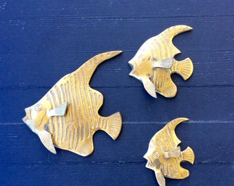 Vintage Set of Three, Brass Fish Wall Plaques, Wall Decor, Coastal, Nautical, Beach, Tropical, Mid Century, Cottage Decor
